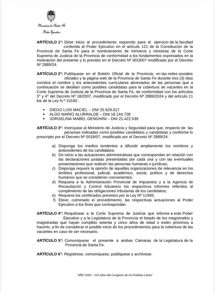 El decreto firmado por el gobernador Pullaro con el nombre de los tres candidatos para la Corte.