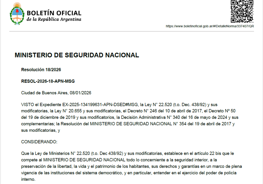 La Resoluci&oacute;n que lleva la firma de la ministra de Seguridad de la Naci&oacute;n, Alejandra Monteoliva.