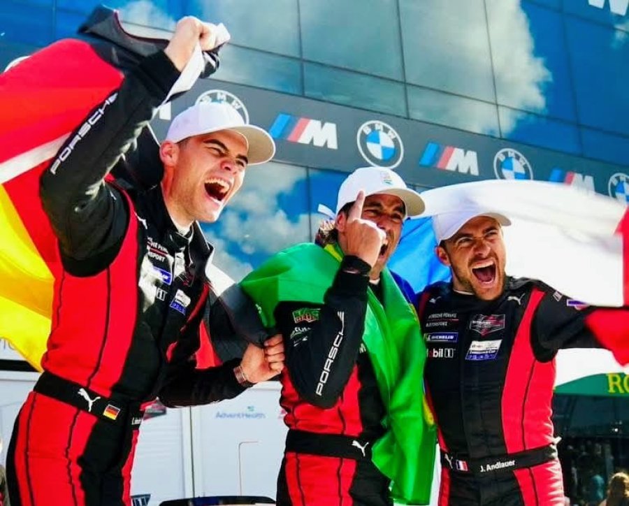 Heinrich, Nasr y Andlauer festejando en el podio de Daytona.