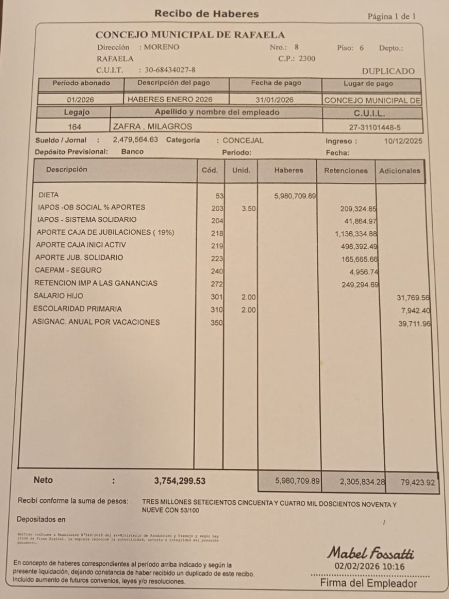 Los recibos de las dietas de Dellasanta y de Zafra correspondiente al mes de enero. (FOTO LO)