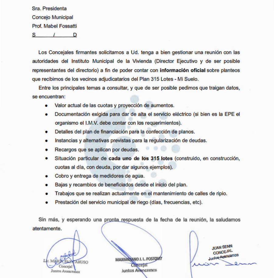 La nota presentada por el bloque de concejales peronistas en el cuerpo legislativo.