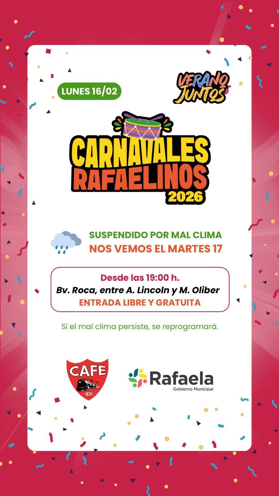 Contin&uacute;an las malas condiciones clim&aacute;ticas y se reprograman los Carnavales.
