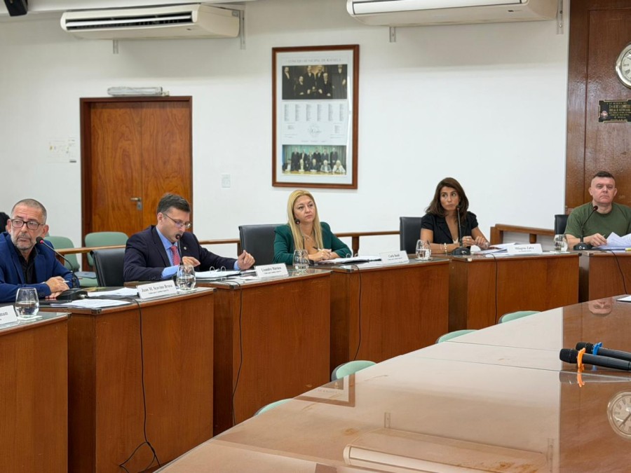Los concejales de Unidos, Juan Scavino, Lisandro M&aacute;rsico y Carla Boidi, y los de La Libertad Avanza, Milagros Zafra y Fabricio Dellasanta en la sesi&oacute;n extraordinaria. (FOTO PRENSA CONCEJO)