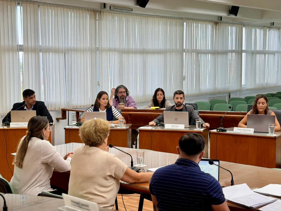 La presidenta del Concejo, Mabel Fossatti (de espaldas) y el bloque de concejales del PJ durante la reuni&oacute;n de comisiones de este lunes.