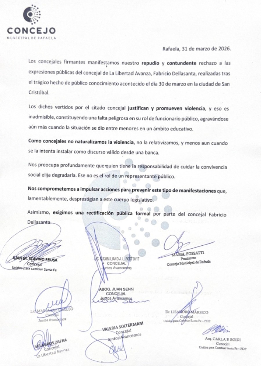 El pronunciamiento institucional del Concejo rafaelino incluye la firma de Milagros Zafra, compa&ntilde;era de bloque de Fabricio Dellasanta en La Libertad Avanza.