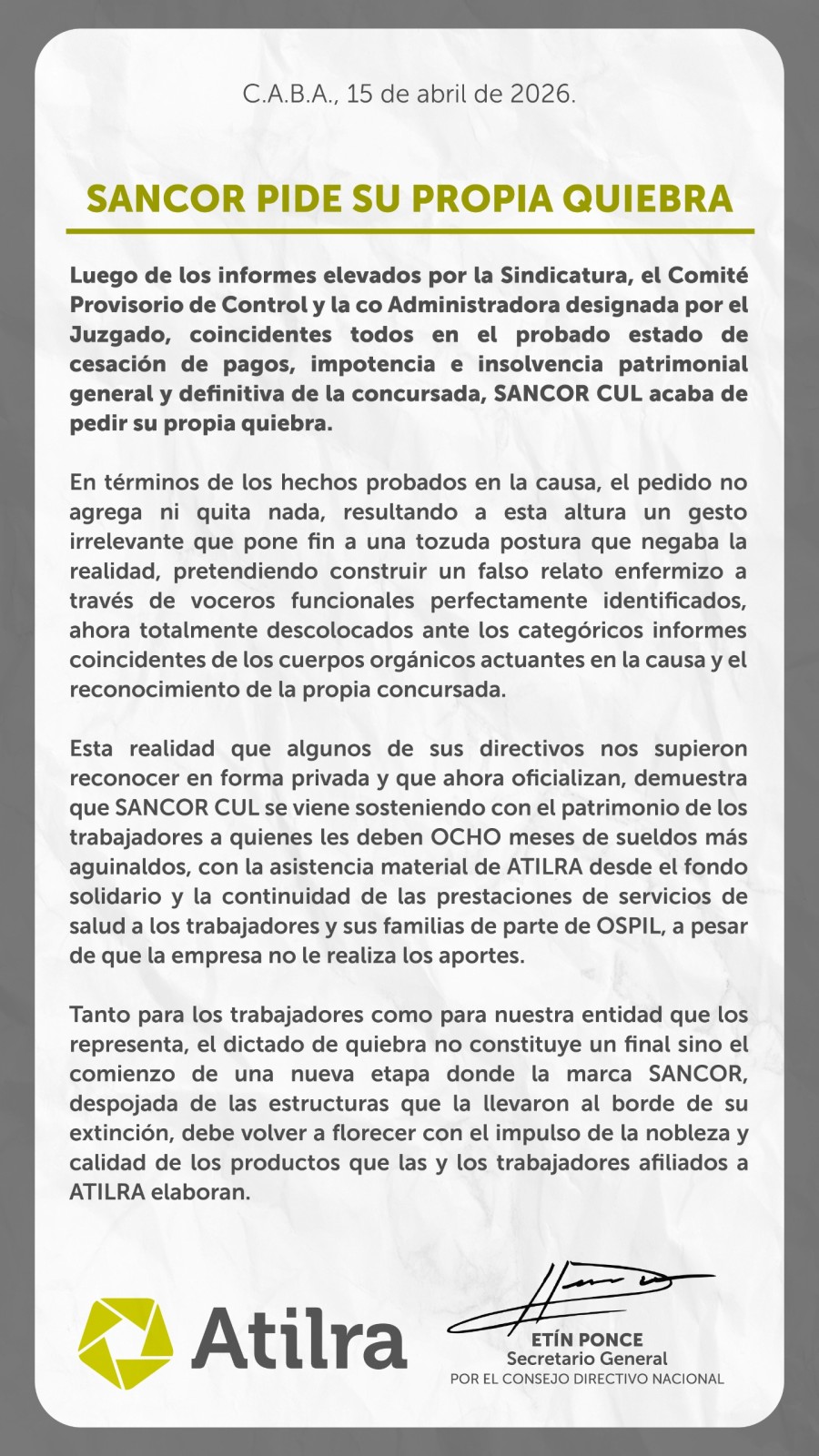 El comunicado de ATILRA sobre el pedido de SanCor.