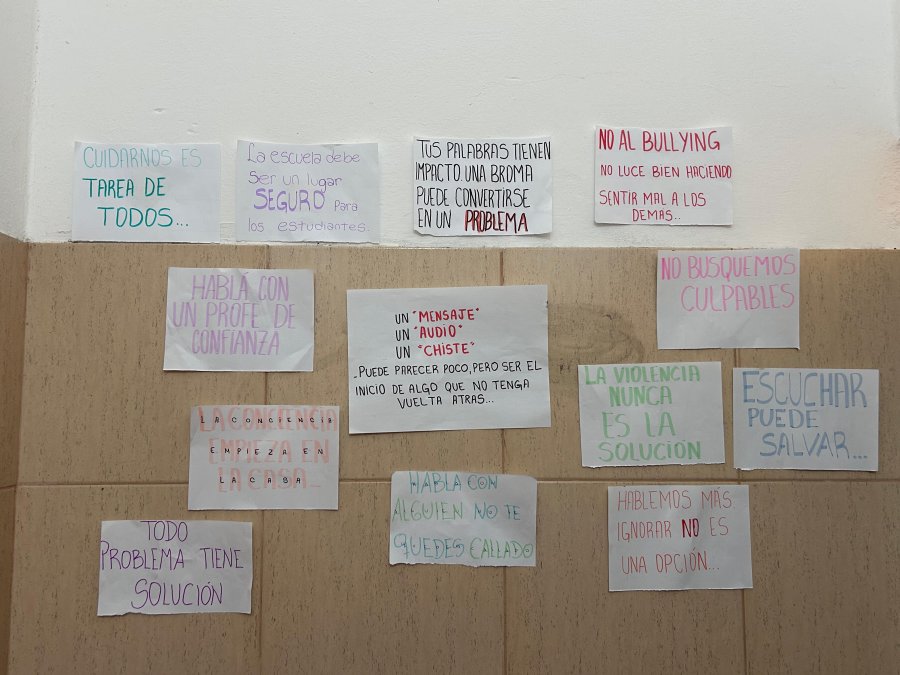 Carteles con mensajes elaborados por el alumnado.