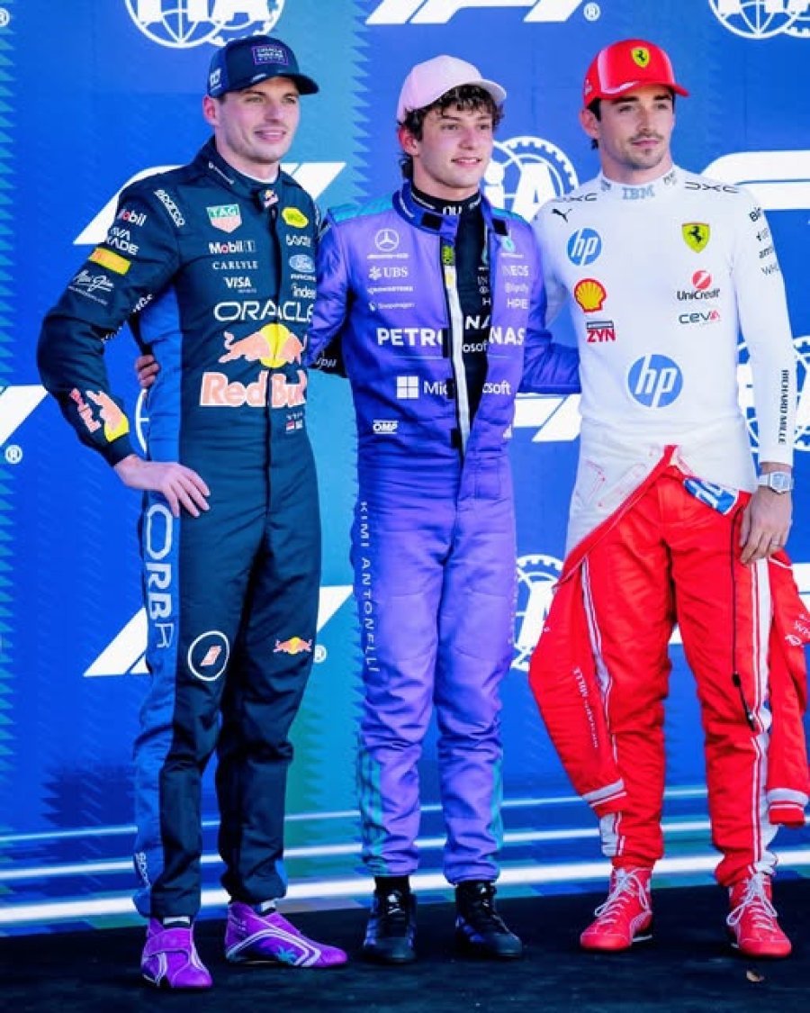 Max Verstappen (2&deg;), Kimi Antonelli (1&deg;) y Charles Leclerc (3&deg;) en el circuito de Miami.