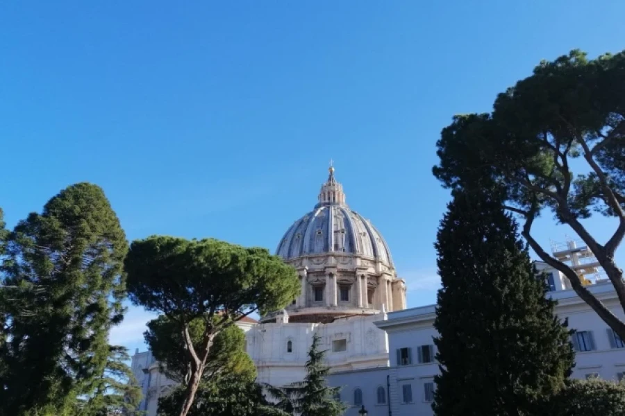 La c&uacute;pula de San Pedro vista desde los jardines del Vaticano .