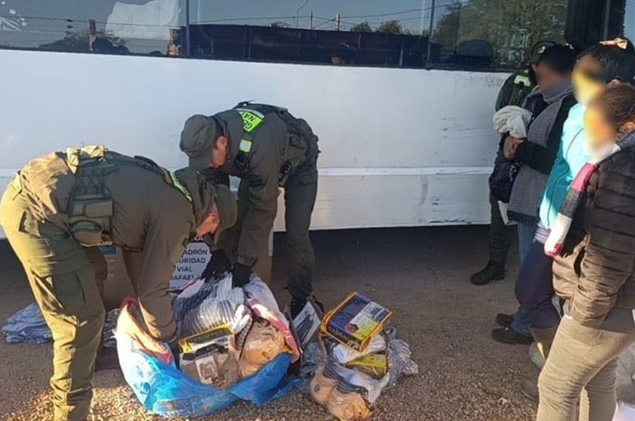 Agentes de Gendarmer&iacute;a durante la inspecci&oacute;n del micro que hab&iacute;a iniciado su recorrido en la ciudad salte&ntilde;a de Or&aacute;n y ten&iacute;a como destino Buenos Aires. (FOTO GN)