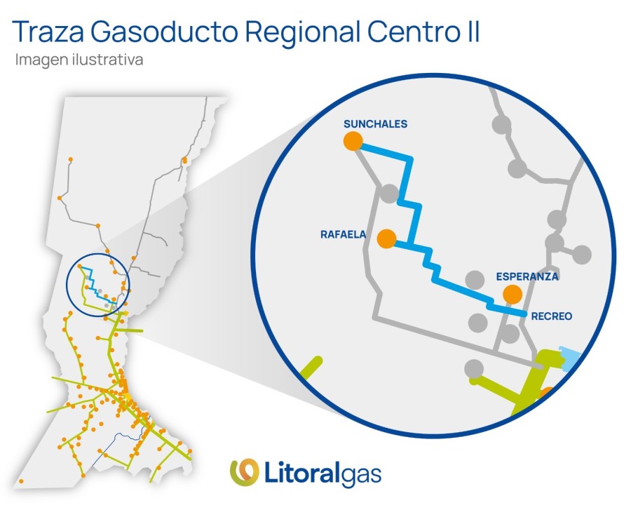 La traza del Gasoducto Regional Centro II que va desde Recreo hasta Sunchales. (GR&Aacute;FICO PRENSA LITORALGAS)
