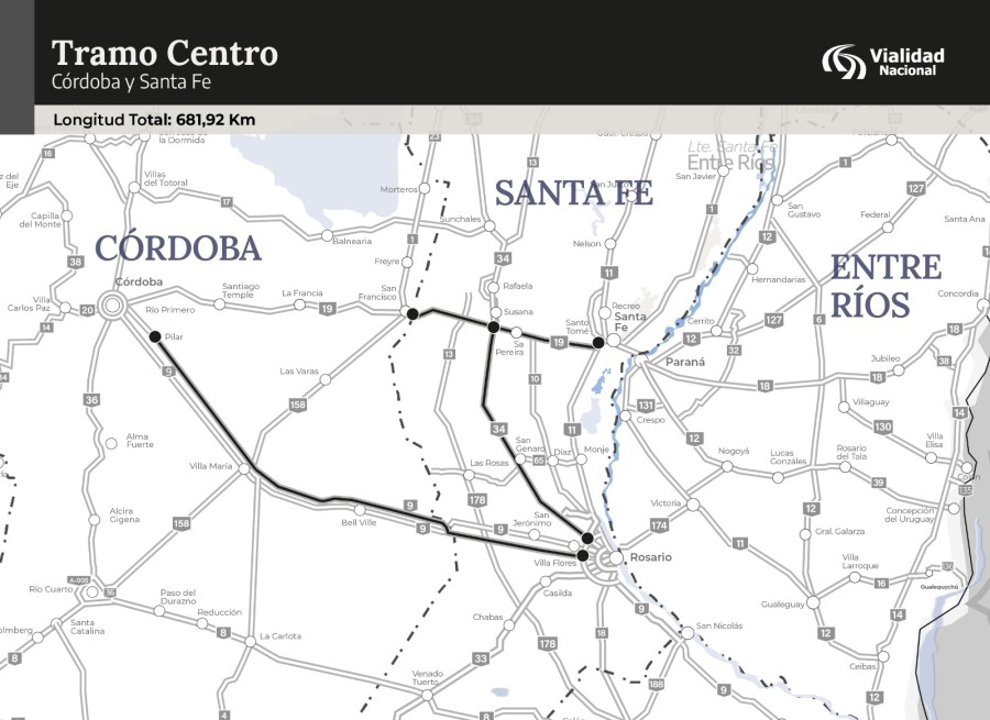 Comprende las Rutas 9, 34 (entre Rosario y el cruce con la 19 a la altura de Ang&eacute;lica) y la 19 entre Santo Tom&eacute; y San Francisco.
