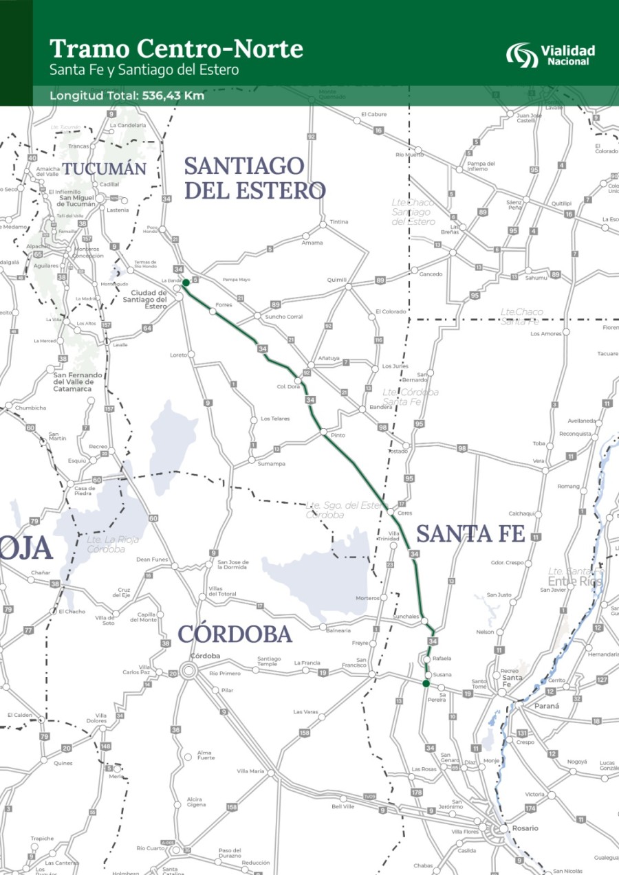 El tramo comprende la Ruta 34 desde Ang&eacute;lica hasta La Banda en Santiago del Estero.