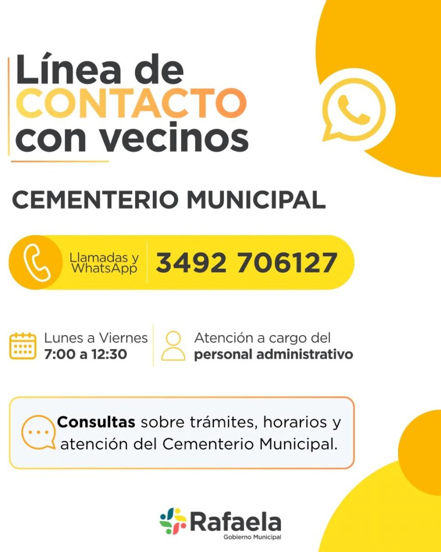 NUEVO CANAL. El tel&eacute;fono disponible para contactarse con el Cementerio Municipal es el 3492 706127 y cuenta con la opci&oacute;n de recibir tanto llamadas como mensajes a trav&eacute;s de WhatsApp.