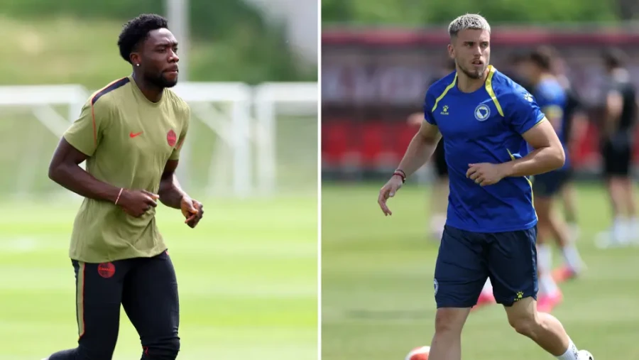 PROTAGONISTAS. Alphonso Davies (Canad&aacute;) y Emredin Demirović (Bosnia).
