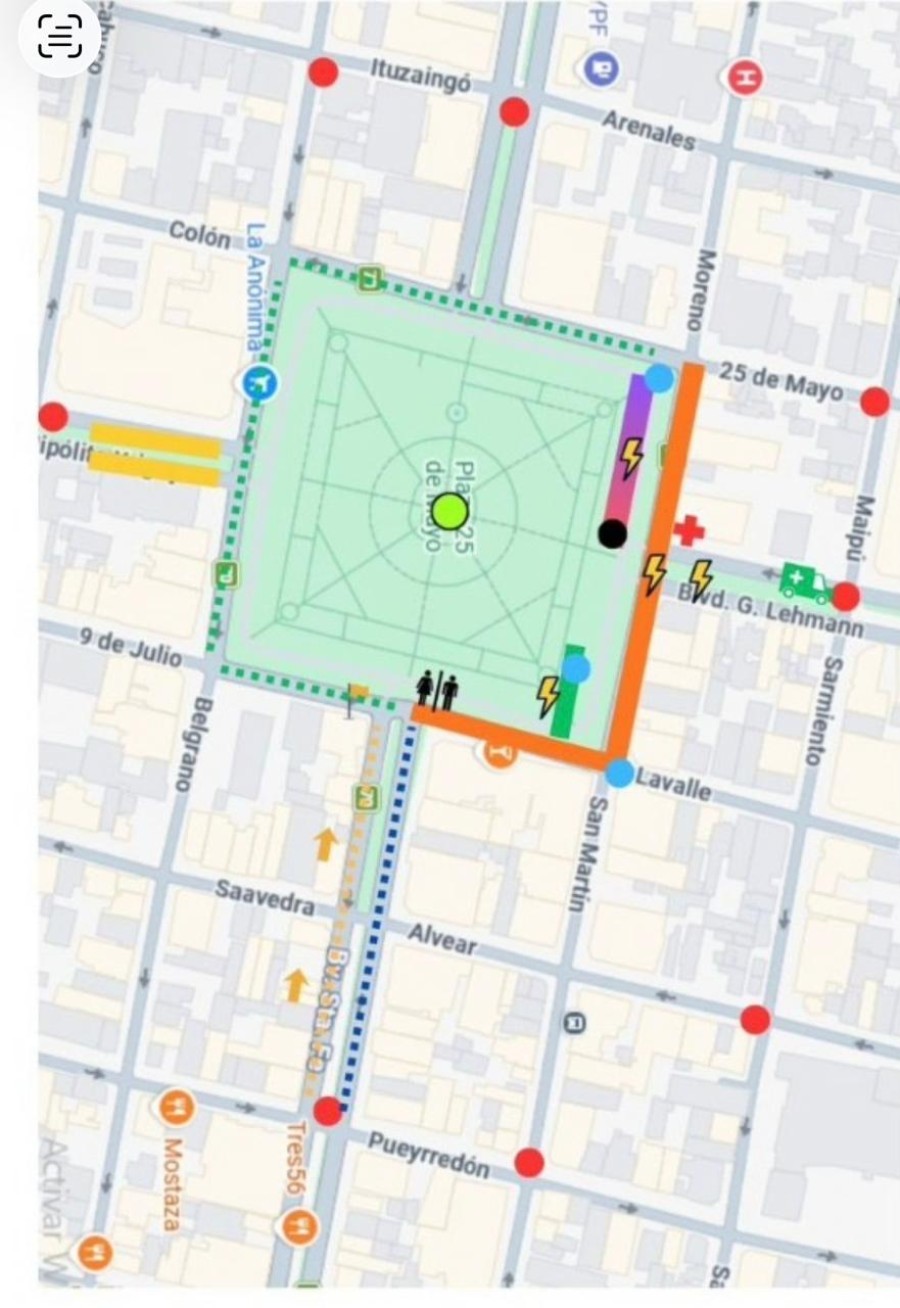 El mapa del centro rafaelino con las indicaciones sobre los cortes de tr&aacute;nsito.