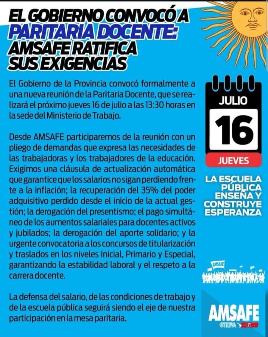 SE REANUDA EL DIALOGO. Amsafe confirm&oacute; que el gobierno santafesinos llam&oacute; a retomar la discusi&oacute;n paritaria y ya adelant&oacute; sus principales reclamos.