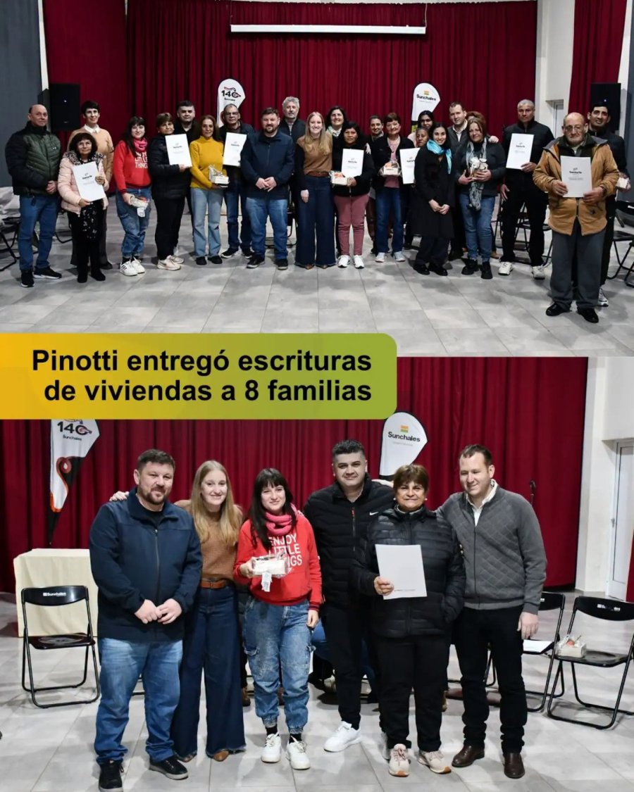 Dos im&aacute;genes, en una todas las familias con Tejeda y Pinoytti y una de las entregas.