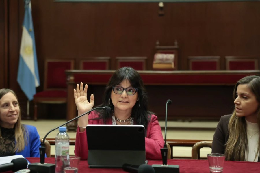 Julissa Mantilla Falc&oacute;n durante su exposici&oacute;n en el Sal&oacute;n de Actos de la Corte Suprema de Justicia ubicado en la ciudad de Rosario. (FOTO PRENSA PODER JUDICIAL)