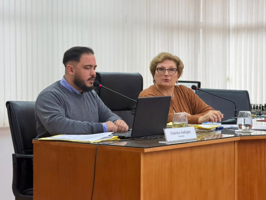 La presidente del Concejo, Mabel Fossatti y el secretario legislativo, Federico Audagna, durante la sesi&oacute;n de este jueves. (FOTO PRENSA CONCEJO)