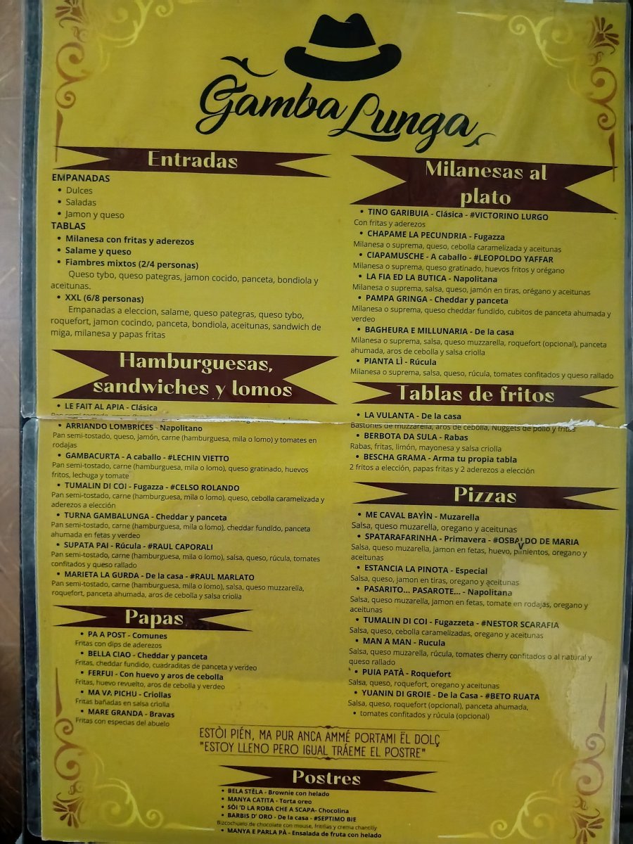 Carta gastronómica de Gamba Lunga Resto bar.