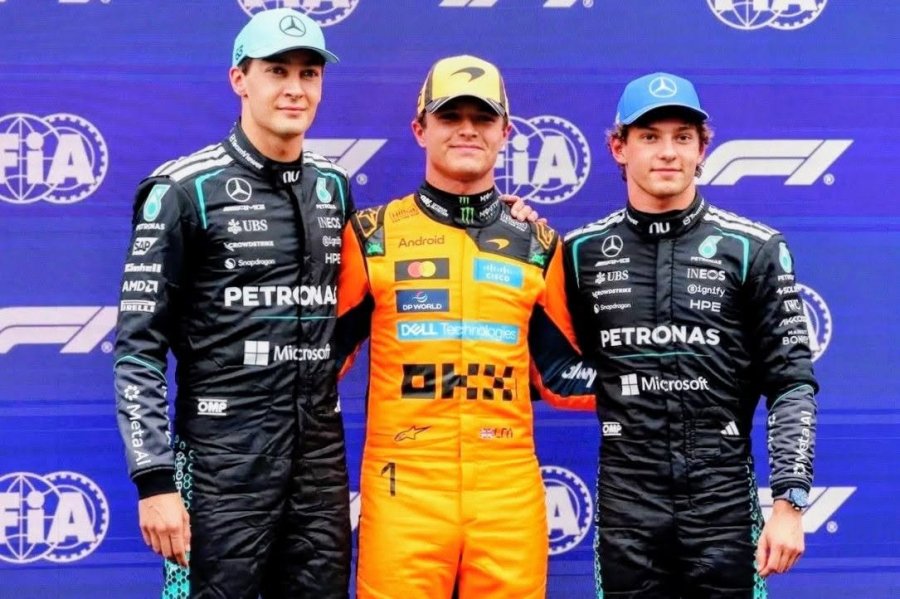 George Russell (2&deg;), Lando Norris (1&deg;) y Andrea Kimi Antonelli (3&deg;).