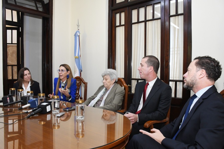 &Aacute;lvarez Tremea, Herrera, Kemelmajer, Lorenzetti y Hail en el primer piso de la C&aacute;mara de Apelaciones de calle Lavalle durante la conferencia de prensa.