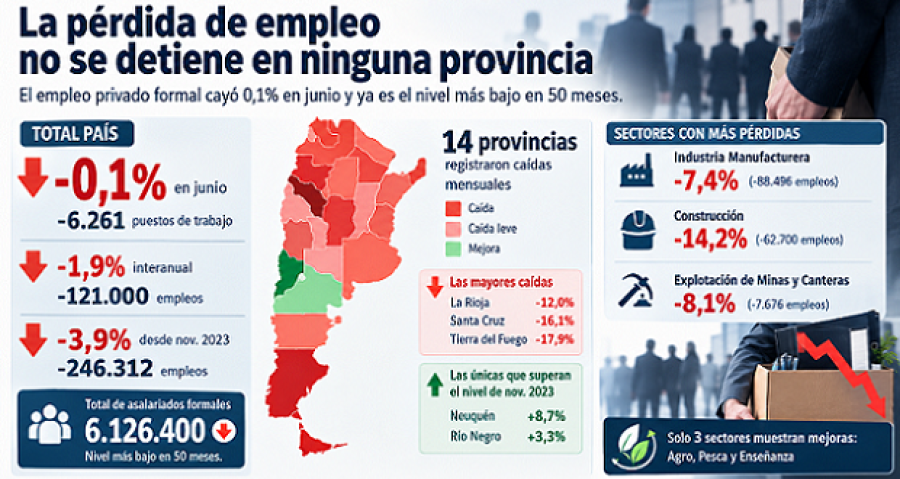 CONTINUA LA CAIDA. El empleo formal privado acumula una baja de 246.312 puestos desde fines de 2023 a nivel nacional.