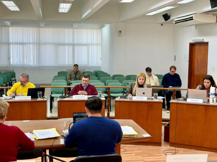Los concejales del oficialismo y de La Libertad Avanza durante la reuni&oacute;n de comisiones de este lunes en el recinto del cuerpo legislativo. (FOTO PRENSA CONCEJO)