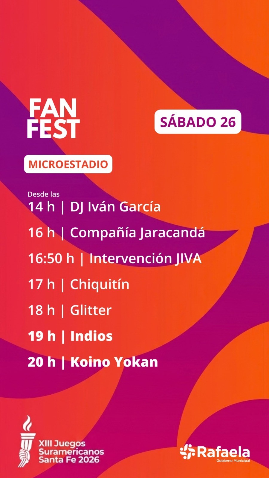 El Fan Fest de los Juegos Suramericanos Santa Fe 2026 tendr&aacute; este s&aacute;bado su jornada de cierre en Rafaela.